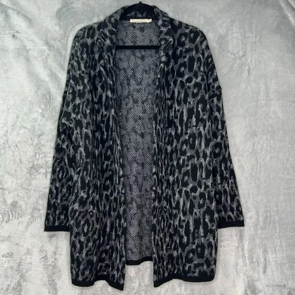 Chiaramente Womens Black Gray Wool‎ Blend Cheetah Print Cardigan Sweater Sz M